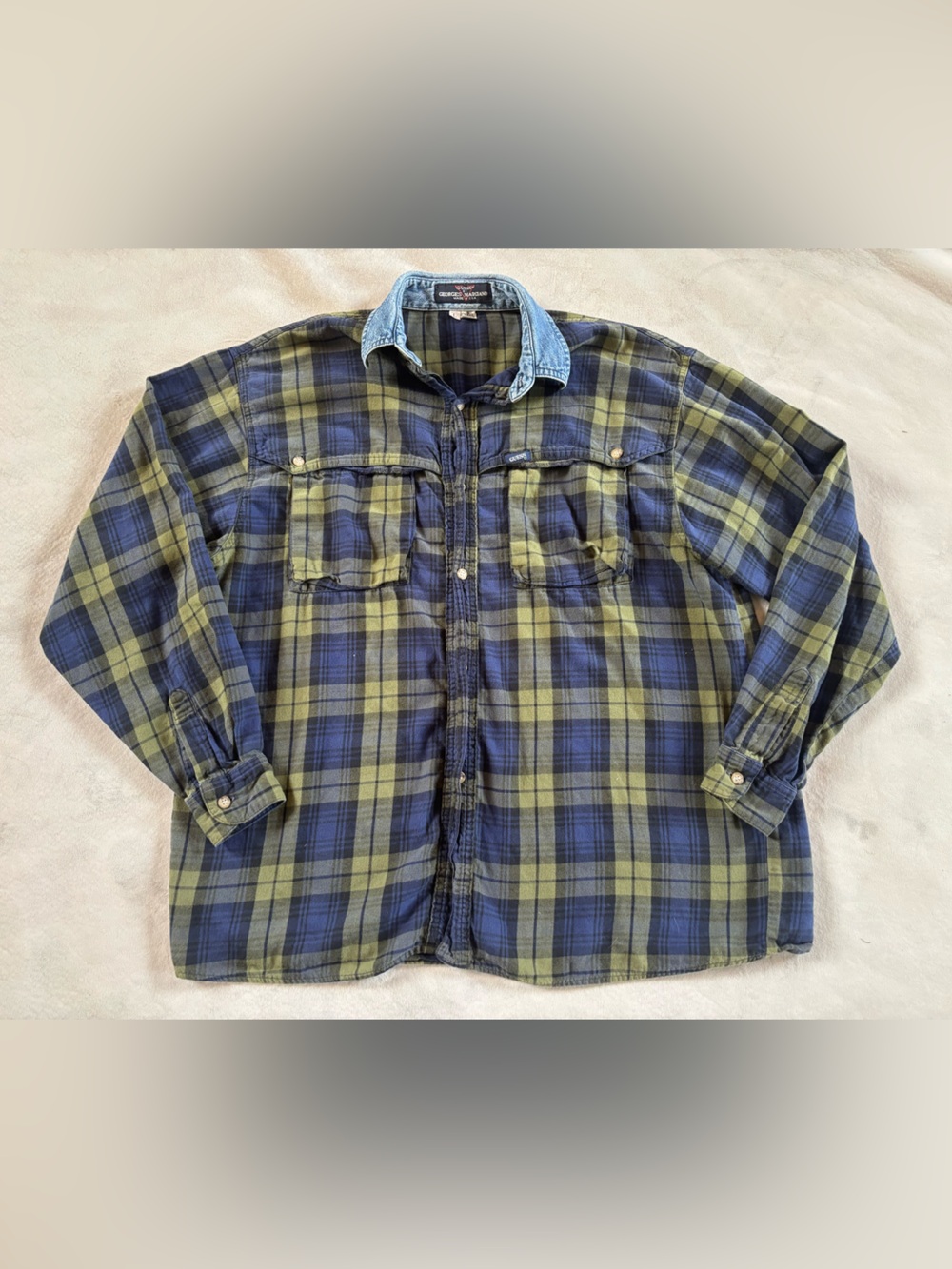 Vintage Guess Georges Marciano Plaid Denim Collar Button Up Shirt Large